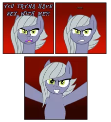 Size: 3639x3984 | Tagged: safe, artist:legendoflink, derpibooru import, limestone pie, earth pony, pony, 3 panel comic, alex jones, angry, comic, dialogue, female, gradient, image, implied sex, looking at you, mare, meme, png, redraw, simple background, solo, solo female, this will end in death by snu snu, transparent background
