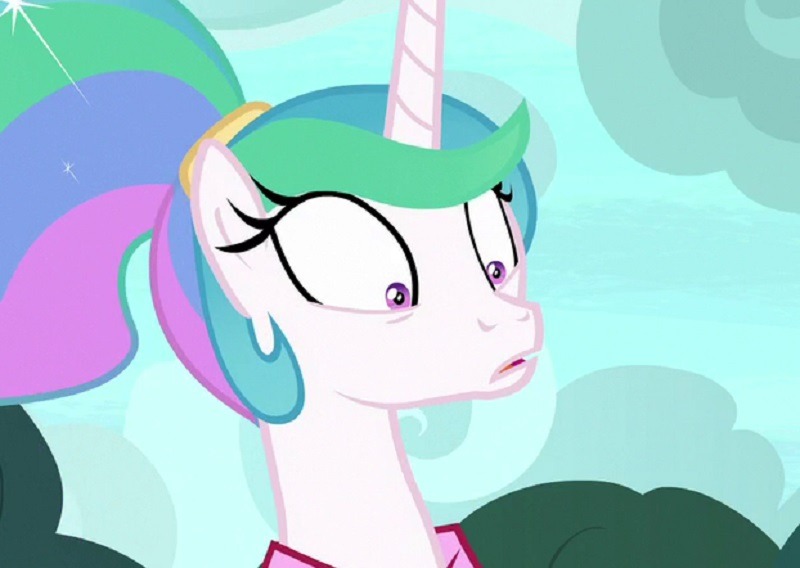 Size: 800x568 | Tagged: safe, derpibooru import, screencap, princess celestia, alicorn, between dark and dawn, season 9, spoiler:s09, alternate hairstyle, blue sky, celestia is not amused, cloud, cute, cutelestia, face, image, jpeg, ponytail, shocked, shrunken pupils, sky, surprised face, unamused, wtf