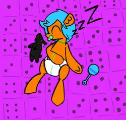 Size: 2000x1900 | Tagged: safe, artist:duckchip, derpibooru import, oc, earth pony, goat, bed, commission, diaper, diaper fetish, dice, fetish, image, onomatopoeia, plushie, png, rattle, sleeping, sleepy, solo, sound effects, ych result, zzz