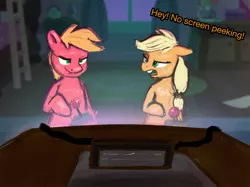 Size: 2732x2048 | Tagged: safe, artist:phutashi, derpibooru import, applejack, big macintosh, earth pony, pony, atg 2022, brother and sister, controller, dialogue, duo, female, floppy ears, grin, image, joystick, male, missing accessory, newbie artist training grounds, png, siblings, smiling, television, video game