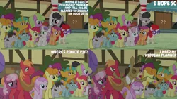 Size: 1280x720 | Tagged: safe, derpibooru import, edit, edited screencap, editor:quoterific, screencap, apple bloom, big macintosh, carrot top, cheerilee, golden harvest, matilda, octavia melody, piña colada, scootaloo, snails, snips, sweetie belle, twist, donkey, earth pony, pegasus, pony, unicorn, season 5, slice of life (episode), apple bloom's bow, bow, colt, cutie mark crusaders, eyes closed, female, filly, foal, hair bow, image, jpeg, male, mare, open mouth, spread wings, stallion, text, wings