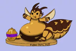 Size: 1171x794 | Tagged: safe, artist:beeberry76, artist:montsundere, artist:waspm0ther, derpibooru import, oc, oc:bee berry, unofficial characters only, bee pony, original species, 69 (number), belly, big belly, collaboration, dot eyes, fat, female, food, funko, honey, image, open mouth, open smile, png, simple background, sitting, smiling, solo, toy