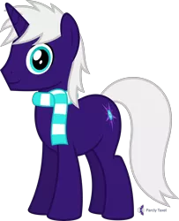 Size: 4000x4928 | Tagged: safe, artist:parclytaxel, derpibooru import, oc, oc:night blaze gala, unofficial characters only, pony, unicorn, .svg available, 2023 community collab, absurd resolution, clothes, commission, image, looking at you, male, png, scarf, simple background, smiling, solo, stallion, striped scarf, transparent background, vector