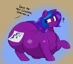 Size: 1124x990 | Tagged: safe, artist:beeberry76, artist:montsundere, artist:waspm0ther, color edit, derpibooru import, edit, rarity, oc, oc:scribble script, pony, unicorn, abstract background, belly, big belly, butt, canon x oc, colored, duo, fat, female, heart, horn, image, large butt, lesbian, obscured cutie mark, offscreen character, plot, png, question mark, shipping, solo focus, unicorn oc
