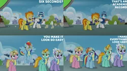 Size: 1280x720 | Tagged: safe, derpibooru import, edit, edited screencap, editor:quoterific, screencap, cloudchaser, lightning dust, meadow flower, rainbow dash, spitfire, pegasus, pony, season 3, wonderbolts academy, :o, eyes closed, female, flying, goggles, image, male, mare, open mouth, open smile, png, smiling, spread wings, stallion, text, wings