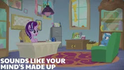 Size: 1280x720 | Tagged: safe, derpibooru import, edit, edited screencap, editor:quoterific, screencap, starlight glimmer, trixie, pony, unicorn, road to friendship, season 8, spoiler:s08, couch, duo, female, image, jpeg, mare, open mouth, school of friendship, starlight's office, text