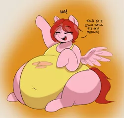 Size: 1413x1343 | Tagged: suggestive, artist:beeberry76, artist:montsundere, artist:waspm0ther, color edit, derpibooru import, edit, oc, oc:weathervane, unofficial characters only, pegasus, pony, abstract background, belly, big belly, blushing, bottom heavy, clothes, colored, denial, dialogue, eyes closed, fat, image, jpeg, obese, open mouth, open smile, pegasus oc, raised hoof, ripping clothes, sitting, smiling, solo, swimsuit, torn clothes, wide hips, wings