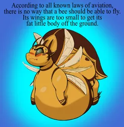 Size: 1312x1337 | Tagged: suggestive, artist:ahobobo, artist:beeberry76, artist:waspm0ther, derpibooru import, oc, oc:bee berry, unofficial characters only, bee pony, original species, abstract background, bee movie, belly, big belly, blushing, collaboration, fat, female, flying, huge belly, image, jpeg, meme, solo