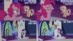 Size: 1280x720 | Tagged: safe, derpibooru import, edit, edited screencap, editor:quoterific, screencap, fluttershy, pinkie pie, rainbow dash, rarity, earth pony, pegasus, pony, unicorn, not asking for trouble, season 7, cutie map, eyes closed, female, flying, image, jpeg, mare, open mouth, open smile, smiling, spread wings, text, twilight's castle, wings