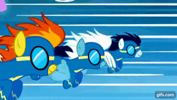 Size: 640x360 | Tagged: safe, derpibooru import, screencap, fleetfoot, soarin', spitfire, pegasus, pony, season 4, twilight's kingdom, animated, clothes, cloudsdale, female, flying, gif, gifs.com, goggles, image, male, mare, open mouth, open smile, rainbow, smiling, spread wings, stallion, trio, uniform, wings, wonderbolts uniform