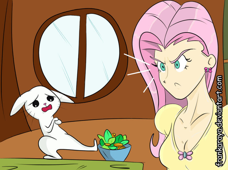 Size: 1708x1275 | Tagged: safe, artist:frankaraya, derpibooru import, angel bunny, fluttershy, human, rabbit, 2012, animal, female, food, humanized, image, jpeg, salad, stare