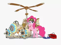 Size: 920x671 | Tagged: artist needed, safe, pinkie pie, earth pony, pony, blueprint, drill, flying machine, goggles, helicopter, image, png, propeller plane, simple background, skis, solo, thinking, toolbox