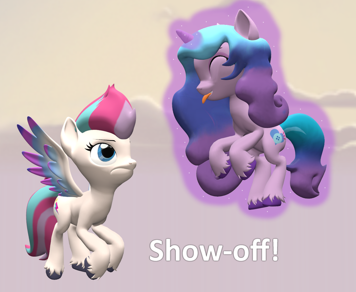 Size: 1316x1080 | Tagged: safe, artist:red4567, derpibooru import, izzy moonbow, zipp storm, pegasus, pony, unicorn, 3d, atg 2022, duo, duo female, female, g4, g5, g5 to g4, generation leap, image, levitation, magic, mare, newbie artist training grounds, png, self-levitation, source filmmaker, teasing, telekinesis, tongue out, unamused, zipp storm is not amused