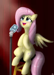 Size: 1280x1773 | Tagged: safe, artist:lennondash, derpibooru import, fluttershy, pegasus, pony, blushing, crying, curtains, female, image, jpeg, mare, microphone, open mouth, singing, sitting, solo, spotlight, spread wings, stool, tears of joy, wings