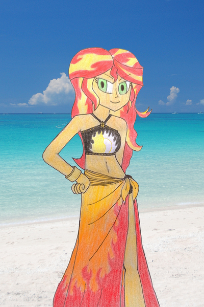 Size: 1594x2393 | Tagged: safe, artist:nathanamiel, derpibooru import, sunset shimmer, equestria girls, beach, belly button, bikini, bikini top, clothes, fiery shimmer, image, jpeg, sarong, summer, swimsuit