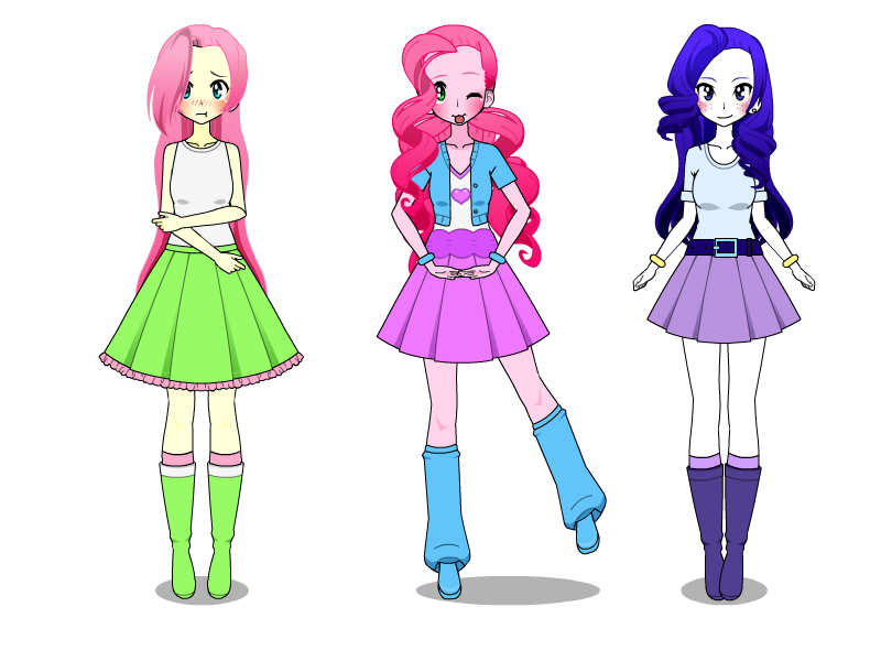 Size: 800x600 | Tagged: safe, artist:unicornsmuf1, derpibooru import, fluttershy, pinkie pie, rarity, human, equestria girls, belt, boots, clothes, high heel boots, humanized, image, jacket, kisekae, png, shirt, shoes, simple background, skirt, socks, solo