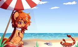 Size: 2500x1500 | Tagged: safe, artist:leah minik, derpibooru import, oc, oc:cinnamon dust, unofficial characters only, bat pony, pony, scorpion, bat pony oc, bat wings, beach, beach umbrella, commission, female, folded wings, image, mare, ocean, png, sand, solo, sunscreen, umbrella, water, wings, ych result