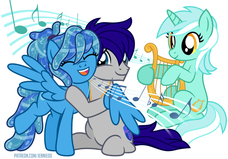 Size: 1100x767 | Tagged: safe, artist:jennieoo, derpibooru import, lyra heartstrings, oc, earth pony, pegasus, pony, unicorn, couple, hug, image, png, show accurate, simple background, singing, song, transparent background, vector