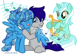 Size: 1100x767 | Tagged: safe, artist:jennieoo, derpibooru import, lyra heartstrings, oc, earth pony, pegasus, pony, unicorn, couple, hug, image, png, show accurate, simple background, singing, song, transparent background, vector