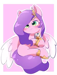 Size: 1952x2557 | Tagged: safe, artist:leo19969525, derpibooru import, pipp petals, pegasus, pony, adorapipp, blushing, crown, cute, female, g5, green eyes, image, jewelry, jpeg, mane, mare, phone, pink background, purple mane, purple tail, regalia, simple background, sitting, smiling, solo, spread wings, tail, wings