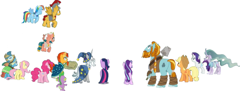 Size: 1333x510 | Tagged: safe, artist:pascalmulokozi2, derpibooru import, edit, edited screencap, screencap, applejack, flash magnus, fluttershy, meadowbrook, mistmane, pinkie pie, rainbow dash, rarity, rockhoof, somnambula, star swirl the bearded, starlight glimmer, sunburst, twilight sparkle, twilight sparkle (alicorn), alicorn, dragon, earth pony, pegasus, pony, unicorn, season 7, shadow play, armor, background removed, book, clothes, female, flying, glow, glowing horn, horn, image, magic, magic aura, male, mane six, mare, pillars of equestria, png, robe, rockhoof's shovel, shovel, simple background, stallion, transparent background