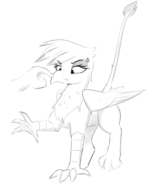 Size: 2726x3196 | Tagged: safe, artist:aquaticvibes, derpibooru import, gilda, gryphon, annoyed, boop, cross-popping veins, eyebrows, folded wings, frown, hand, image, looking at something, monochrome, png, raised hand, raised tail, reaching, tail, wings