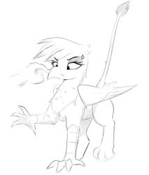 Size: 2726x3196 | Tagged: safe, artist:aquaticvibes, derpibooru import, gilda, gryphon, annoyed, boop, cross-popping veins, eyebrows, folded wings, frown, hand, image, looking at something, monochrome, png, raised hand, raised tail, reaching, tail, wings