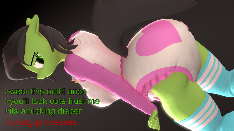 Size: 1920x1080 | Tagged: suggestive, artist:arrell, derpibooru import, oc, oc:anonfilly, anthro, earth pony, pony, 3d, angry, butt, clothes, diaper, diaper fetish, female, fetish, filly, greentext, image, looking back, mare, nose wrinkle, older, pacifier, png, poofy diaper, pouting, socks, solo, source filmmaker, text, thigh highs, thighs