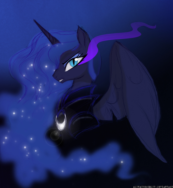 Size: 2400x2616 | Tagged: safe, artist:helenasherzblut, derpibooru import, nightmare moon, princess luna, alicorn, pony, fall of the crystal empire, 2014, armor, bevor, black background, blue background, eyeshadow, image, jpeg, makeup, nightmare eyes, old art, simple background, slit pupils, solo, sombra eyes