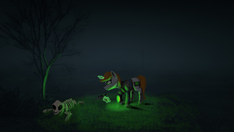 Size: 4000x2250 | Tagged: safe, artist:enteryourponyname, derpibooru import, oc, oc:littlepip, insect, pony, unicorn, fallout equestria, armor, bone, clothes, gun, handgun, image, jumpsuit, little macintosh, magic, night, pipbuck, pistol, png, ready to fight, revolver, skeleton, tree, vault suit, weapon, worried