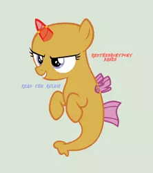 Size: 1832x2060 | Tagged: safe, artist:redthebronypony, derpibooru import, pony, seapony (g4), season 8, surf and/or turf, spoiler:s08, bald, base, blue text, female, filly, foal, g4, gray background, grin, hooves, image, ms paint, narrowed eyes, png, red text, simple background, smiling, solo, text, underhoof