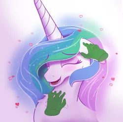 Size: 2008x2000 | Tagged: safe, artist:enonnnymous, derpibooru import, princess celestia, oc, oc:anon, blushing, chest fluff, cute, cutelestia, disembodied hand, ear scratch, hand, heart, image, laughing, png, simple background