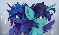 Size: 2382x1435 | Tagged: safe, artist:mochalula, derpibooru import, princess luna, oc, alicorn, pony, unicorn, duo, female, image, male, mare, png, simple background, stallion