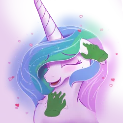 Size: 2008x2000 | Tagged: safe, alternate version, artist:enonnnymous, derpibooru import, princess celestia, oc, oc:anon, blushing, chest fluff, cute, cutelestia, disembodied hand, ear scratch, eyes closed, floating heart, hand, happy, heart, image, laughing, png, simple background, transparent background