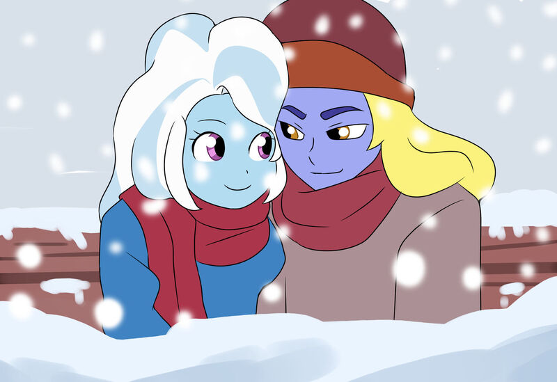 Size: 1280x879 | Tagged: safe, artist:qsky, derpibooru import, hoo'far, trixie, equestria girls, clothes, equestria girls-ified, female, image, jpeg, male, scarf, shipping, snow, snowfall, straight, trixfar