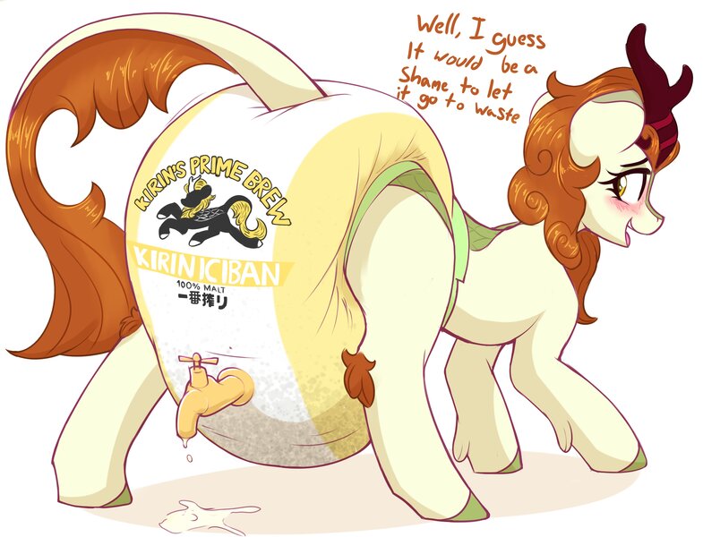 Size: 4012x3068 | Tagged: questionable, artist:czu, derpibooru import, autumn blaze, kirin, blushing, colored, diaper, diaper fetish, faucet, fetish, image, jpeg, kirin beer, kirin beer is pee, kirin ichiban, looking back, open mouth, open smile, poofy diaper, simple background, smiling, solo, urine, watersports, wet diaper