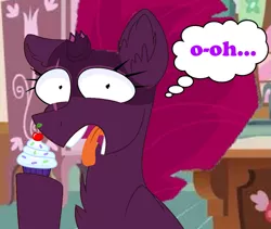 Size: 973x822 | Tagged: safe, artist:decokenite, artist:katnekobase, derpibooru import, fizzlepop berrytwist, tempest shadow, pony, unicorn, cupcake, eating, female, food, image, it happened, mare, oh no, open mouth, png, shocked, shocked expression, shocked eyes, solo, speech bubble, tongue out, wtf, wtf face