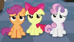 Size: 1280x720 | Tagged: safe, derpibooru import, screencap, apple bloom, scootaloo, sweetie belle, earth pony, pegasus, pony, unicorn, on your marks, cutie mark crusaders, disappointed, female, filly, floppy ears, foal, frown, image, png, reaction image, sad, sitting, trio, trio female