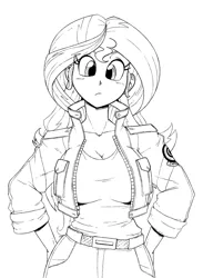 Size: 1222x1670 | Tagged: safe, artist:reiduran, derpibooru import, sunset shimmer, human, dragon ball, dragon ball z, humanized, image, looking at you, monochrome, png, solo