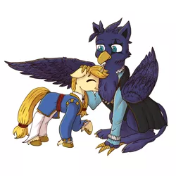 Size: 2000x2000 | Tagged: safe, artist:cookieart2k22, derpibooru import, oc, oc:eid, oc:regal inkwell, unofficial characters only, gryphon, pony, unicorn, chest fluff, clothes, cuddling, cute, doublet, duo, gay, head pat, image, male, nobility, nuzzling, pat, png, size difference