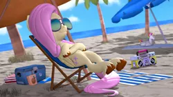 Size: 3840x2160 | Tagged: safe, artist:owlpirate, derpibooru import, fluttershy, pegasus, pony, 3d, 4k, beach, beach chair, beach umbrella, boombox, crossed hooves, female, high res, image, lying down, mare, png, smiling, solo, source filmmaker, sunglasses, umbrella, unshorn fetlocks