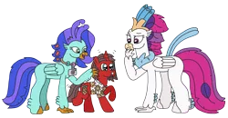 Size: 3228x1685 | Tagged: safe, artist:supahdonarudo, derpibooru import, queen novo, oc, oc:ironyoshi, oc:sea lilly, classical hippogriff, hippogriff, pony, unicorn, my little pony: the movie, camera, clothes, confused, excited, image, jewelry, necklace, newbie artist training grounds, png, shirt, simple background, transparent background