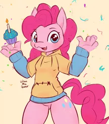 Size: 1127x1280 | Tagged: safe, artist:urbanfoxgamer, derpibooru import, pinkie pie, anthro, earth pony, bottomless, candle, clothes, confetti, cupcake, cutie mark, featureless crotch, food, hoodie, image, jpeg, looking at you, partial nudity, smiling, solo, thighs, thunder thighs