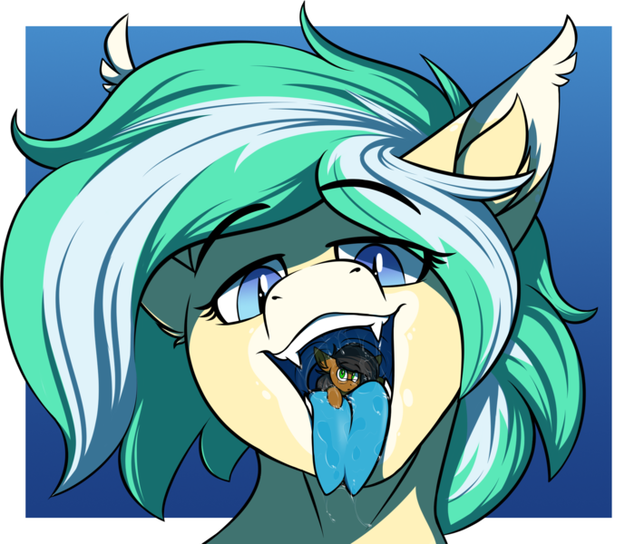 Size: 1906x1661 | Tagged: questionable, alternate version, artist:notetaker, derpibooru import, oc, oc:icy breeze, oc:notetaker, unofficial characters only, bat pony, earth pony, pony, bat pony oc, bat wings, forked tongue, glasses, image, imminent vore, looking at you, mawshot, open mouth, png, simple background, wings