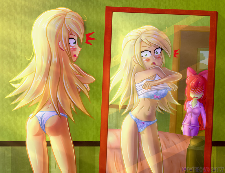 Size: 1942x1500 | Tagged: suggestive, artist:dieart77, derpibooru import, apple bloom, applejack, equestria girls, barn, blushing, bra, clothes, door, freckles, image, jpeg, manga style, mirror, pajamas, panties, underwear, undressing