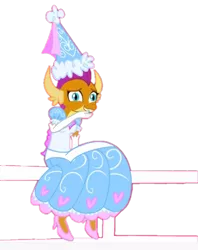 Size: 536x677 | Tagged: safe, artist:darlycatmake, derpibooru import, edit, vector edit, smolder, dragon, amused, chuckle, clothes, cute, dragoness, dress, female, fence, froufrou glittery lacy outfit, giggling, gloves, grin, happy, hat, having fun, hennin, high heels, image, laughing, long gloves, nervous, nervous grin, png, princess, princess smolder, shoes, smiling, smolder also dresses in style, smolderbetes, solo, solo female, vector