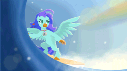Size: 640x360 | Tagged: safe, artist:rumista, derpibooru import, oc, oc:sea lilly, unofficial characters only, classical hippogriff, hippogriff, animated, bipedal, blinking, camera, commission, fun in the sun, gif, image, jewelry, necklace, spread wings, surfboard, surfing, wave, wings, ych result