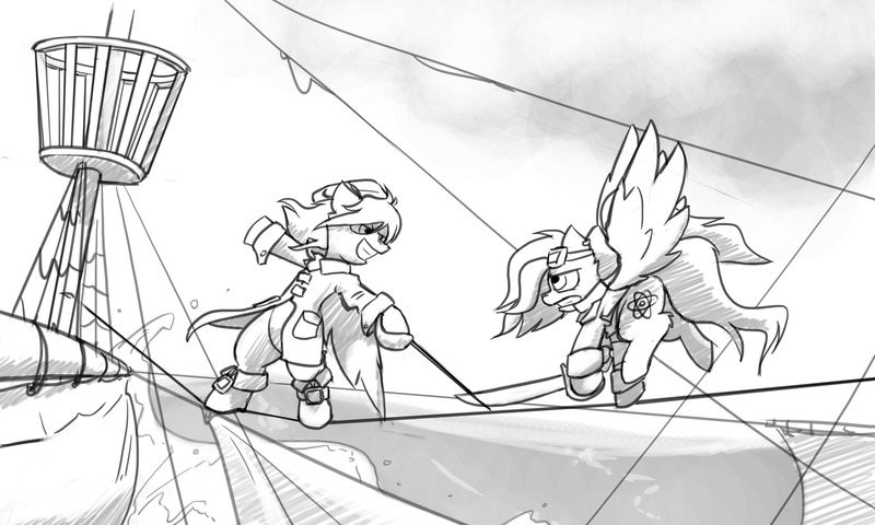 Size: 5000x3000 | Tagged: safe, artist:captainhoers, derpibooru import, oc, oc:atom smasher, unofficial characters only, pegasus, pony, absurd resolution, bipedal, boots, clothes, coat, cutlass, duo, female, goggles on head, grayscale, grin, hoof hold, image, jpeg, mare, monochrome, pirate, pirate ship, rapier, ship, shoes, smiling, sword, sword fight, weapon