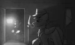 Size: 5000x3000 | Tagged: safe, artist:captainhoers, derpibooru import, oc, unofficial characters only, pegasus, pony, absurd resolution, black and white, cigarette, clothes, crime scene, detective, duo, fedora, grayscale, hat, image, jpeg, male, monochrome, mouth hold, noir, smoking, stallion, trenchcoat