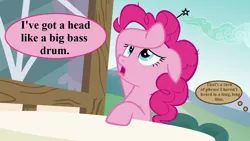 Size: 1280x720 | Tagged: safe, derpibooru import, edit, edited screencap, screencap, pinkie pie, earth pony, pony, every little thing she does, doctor who, headache, image, implied doctor whooves, offscreen character, pain star, png, speech, speech bubble, talking, the wheel in space, thought bubble